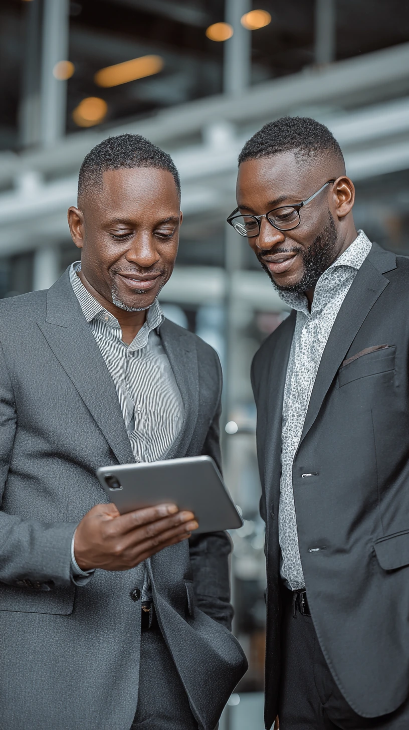 Two men on corporate standing and looking at a tablet